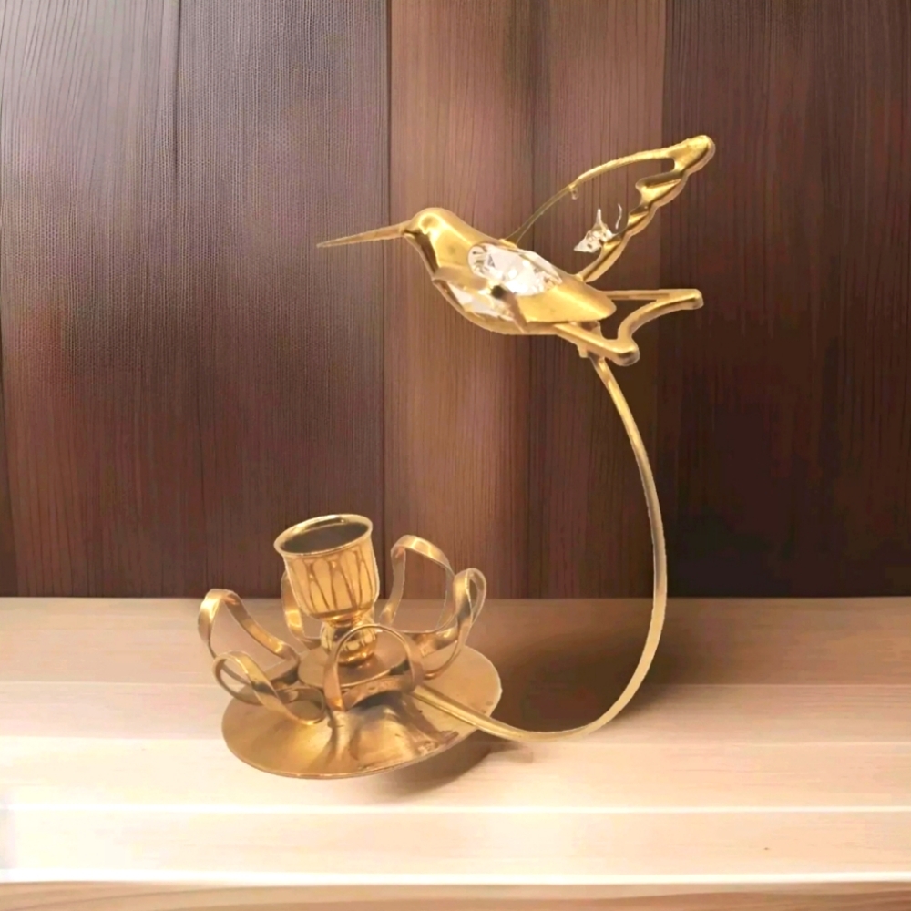VTG Austrian Crystal Delight Hummingbird Flower CandleHolder 24K Gold plated 6”H